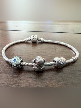 Pandora Silver Snake Chain Bracelet 8”Flower GIRL Heart AUTHENTIC Jewelry